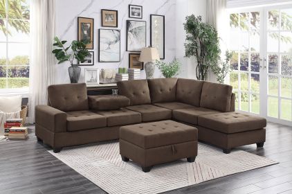 Modern Living Room 3-Piece Sectional Reversible Sofa Chaise Storage Ottoman Tufted Detail Brown Microfiber Upholstered Drop-Down Cup-holder Solid Wood