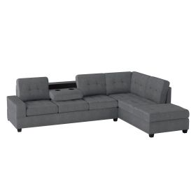 Modern Living Room 2-Piece Sectional Reversible Sofa Chaise Tufted Detail Dark Gray Microfiber Upholstered Drop-Down Cup-holder Solid Wood Frame Furni