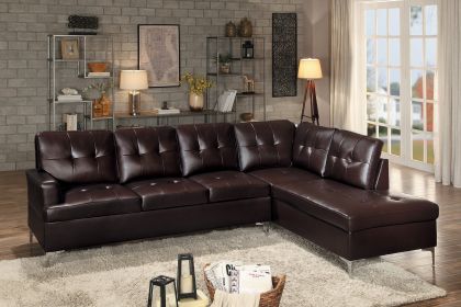 Contemporary Brown Faux Leather Upholstered 2pc Sectional Sofa with RSF Chaise Tufted Detail Solid Wood Living Room Furniture