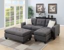 Blue Grey Polyfiber Linen Like Fabric 3pcs Reversible Sectional Sofa Chaise w Ottoman Chaise Tufted Couch Lounge Living Room Furniture