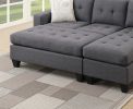 Blue Grey Polyfiber Linen Like Fabric 3pcs Reversible Sectional Sofa Chaise w Ottoman Chaise Tufted Couch Lounge Living Room Furniture